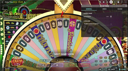 Impostazioni generali di Crazy Time – interfaccia di gioco