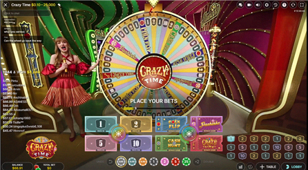 Interfaccia di puntata di Crazy Time con segmenti della ruota e caselle scommessa